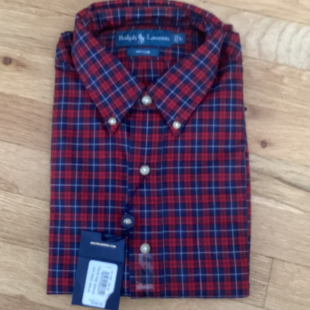 Ralph Lauren Red & Navy Plaid Button-Down Shirt. Large